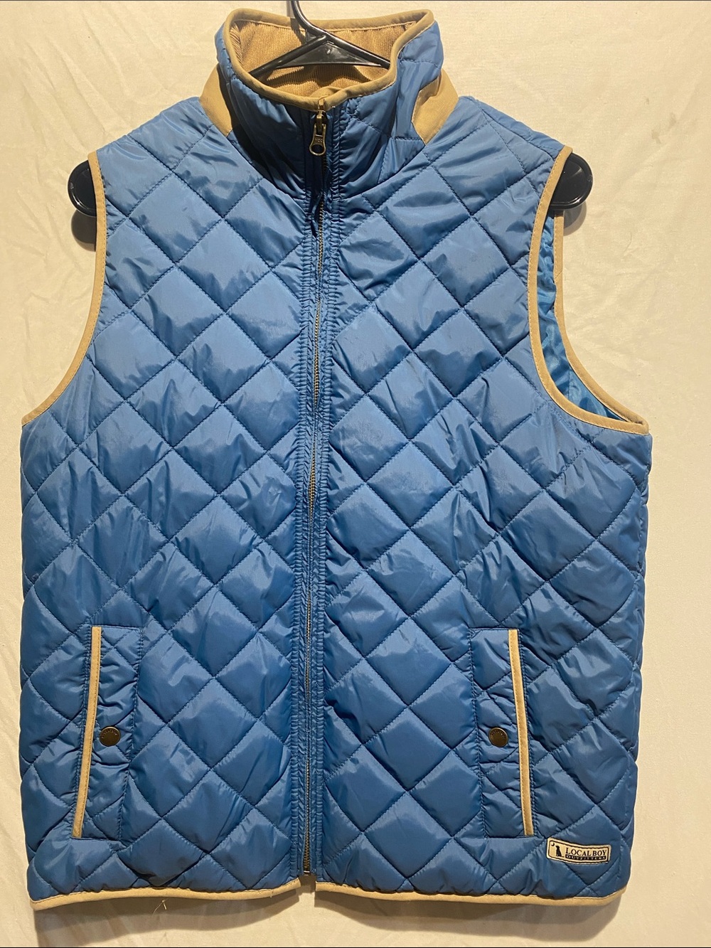Local Boy Quilted Blue Puffer Vest with Tan Trim
